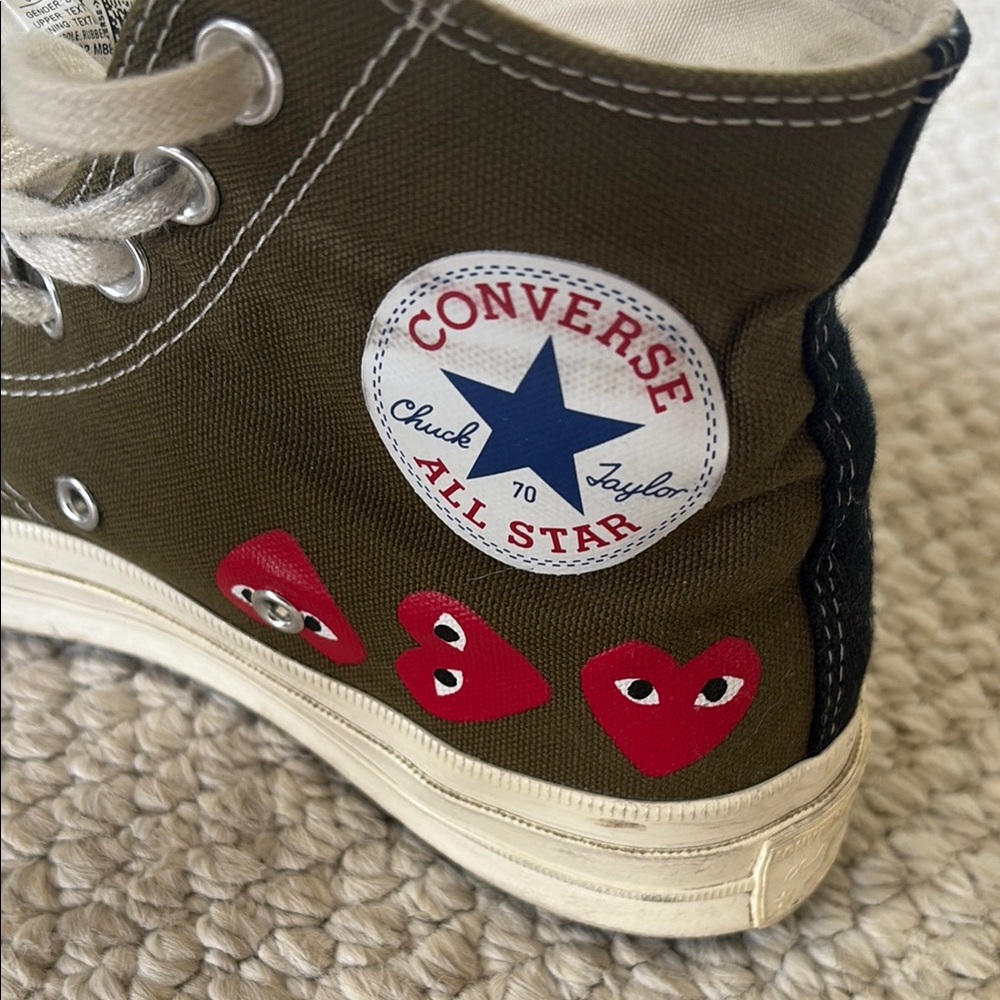 Comme des Garcons Olive Green Sneakers with Red Hearts
